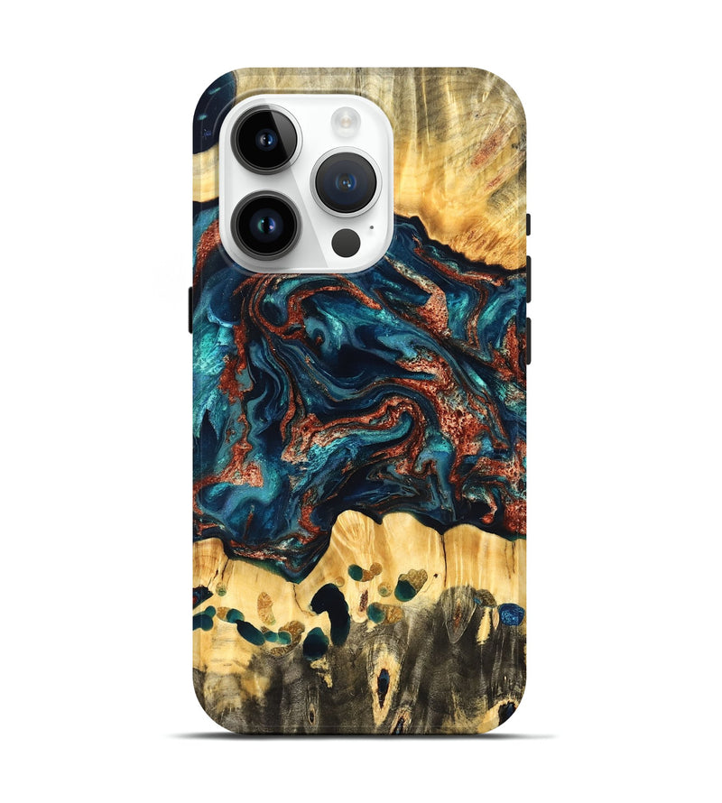 iPhone 15 Pro Wood Live Edge Phone Case - Nikia (Teal & Gold, 825126)