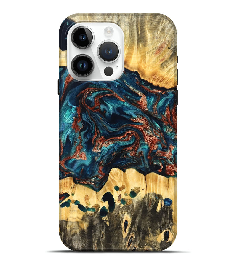 iPhone 15 Pro Max Wood Live Edge Phone Case - Nikia (Teal & Gold, 825126)