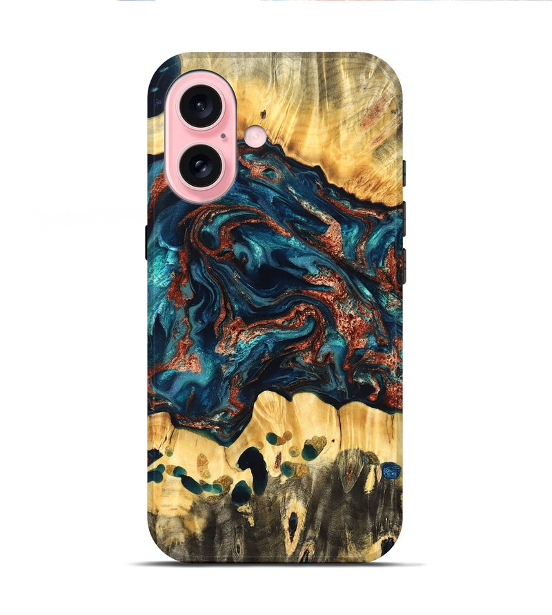 iPhone 16 Wood Live Edge Phone Case - Nikia (Teal & Gold, 825126)