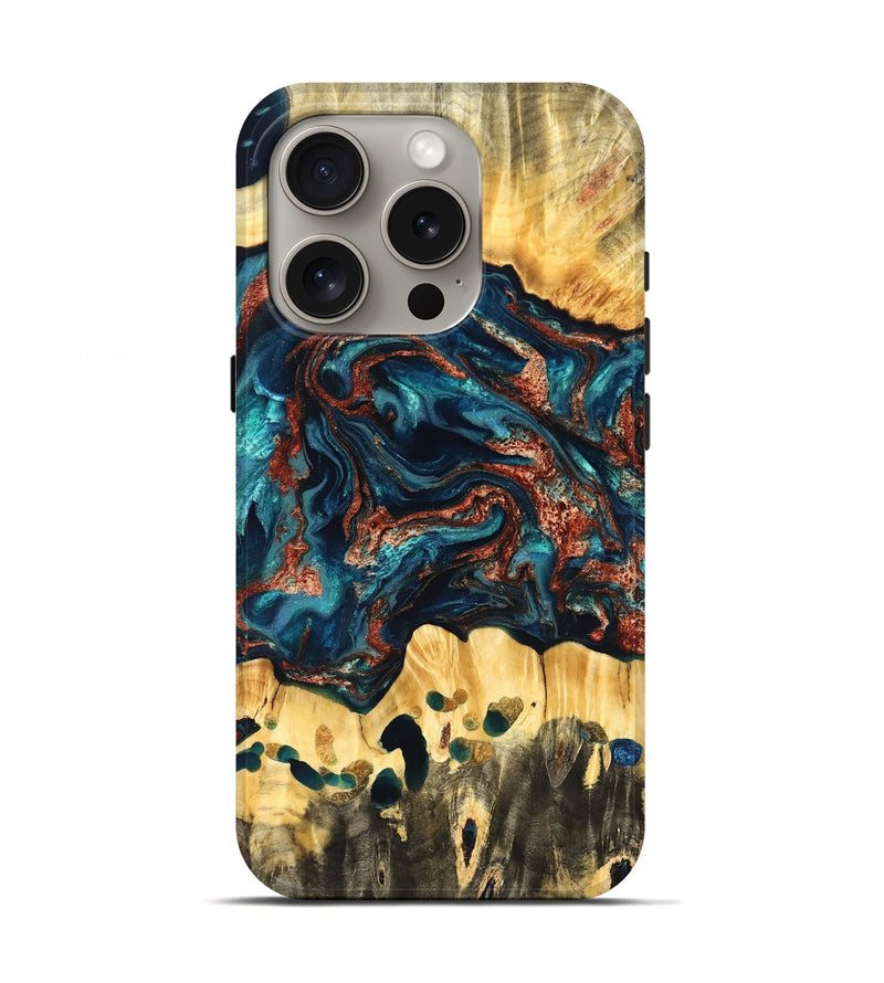 iPhone 16 Pro Wood Live Edge Phone Case - Nikia (Teal & Gold, 825126)