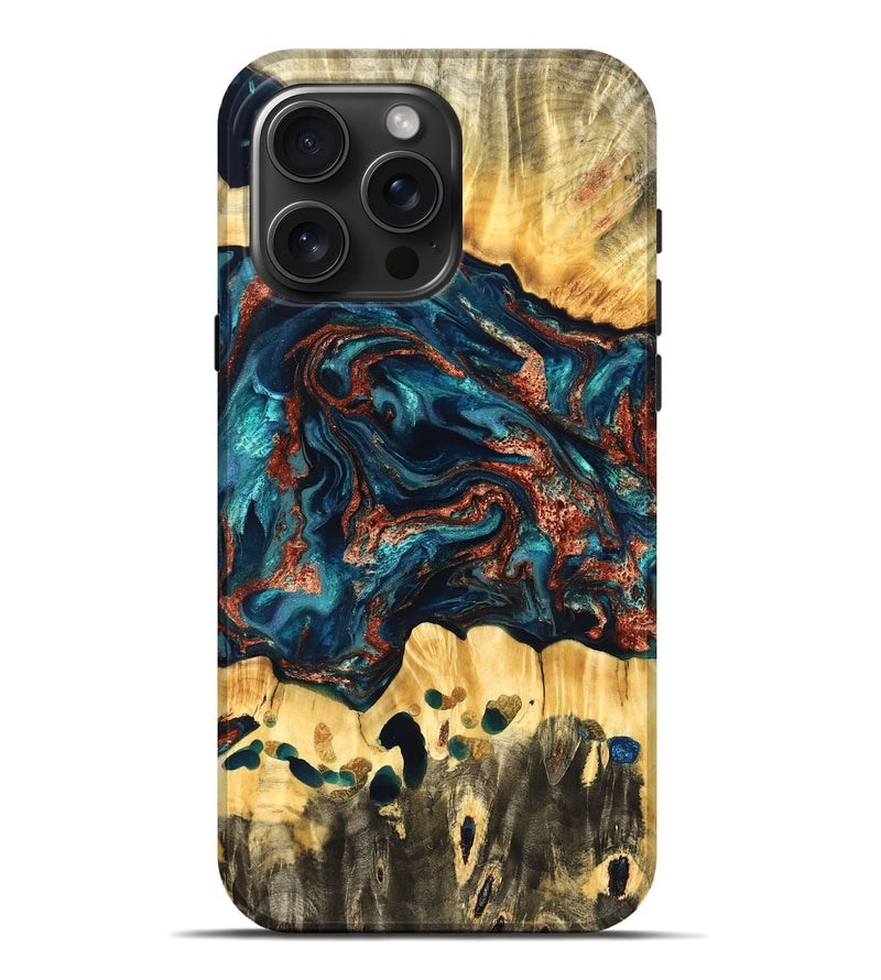 iPhone 16 Pro Max Wood Live Edge Phone Case - Nikia (Teal & Gold, 825126)