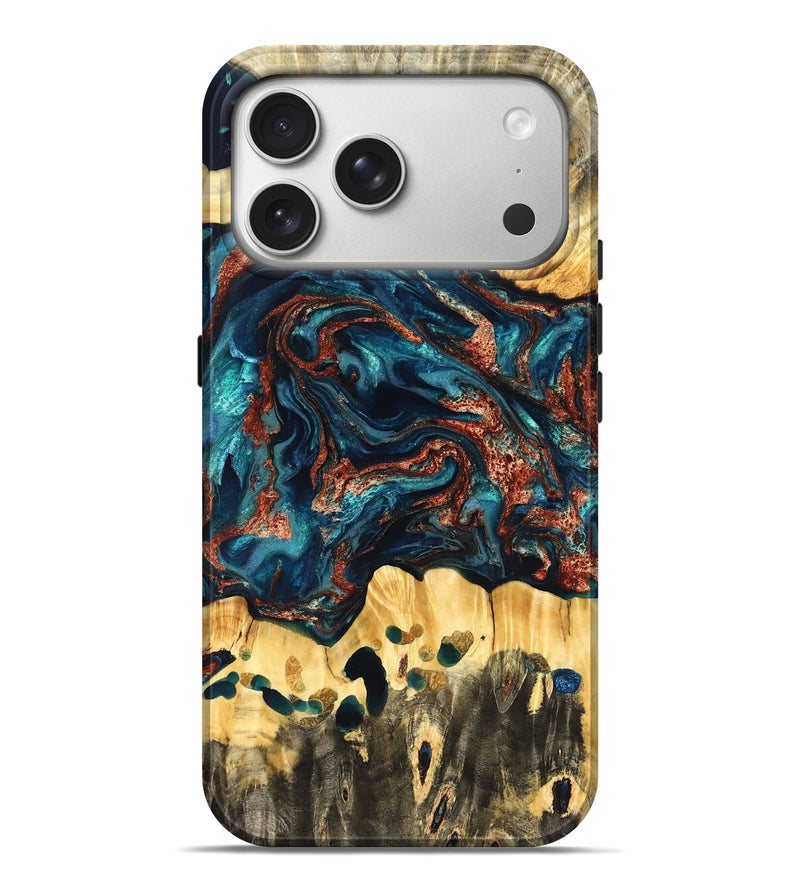 iPhone 17 Pro Max Wood Live Edge Phone Case - Nikia (Teal & Gold, 825126)
