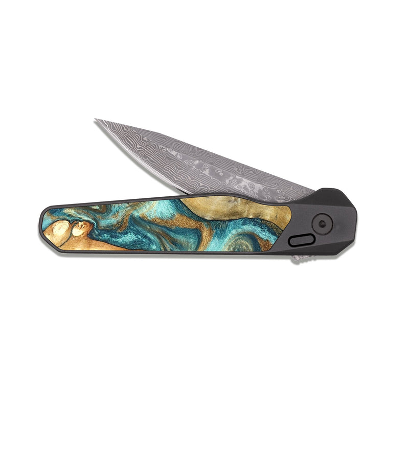 EDC Dark Damascus Wood Pocket Knife - Murray (Teal & Gold, 825182)