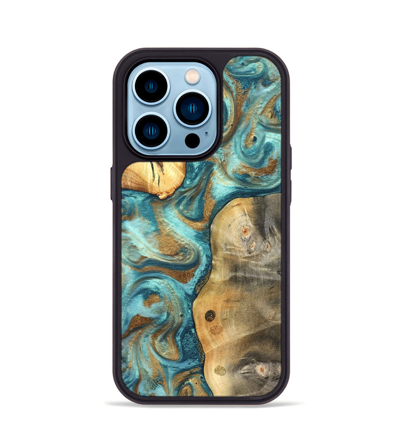 iPhone 14 Pro Wood Phone Case - Murray (Teal & Gold, 825182)