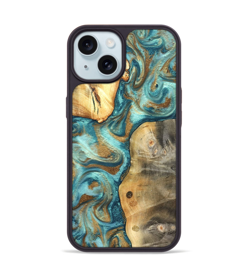 iPhone 15 Wood Phone Case - Murray (Teal & Gold, 825182)