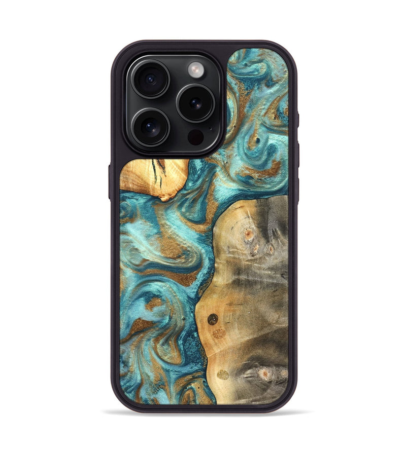 iPhone 15 Pro Wood Phone Case - Murray (Teal & Gold, 825182)