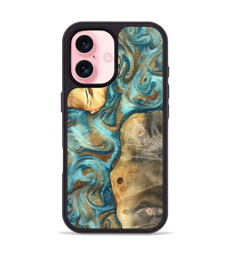 iPhone 16 Wood Phone Case - Murray (Teal & Gold, 825182)
