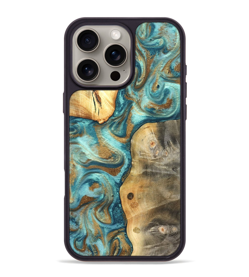 iPhone 16 Pro Max Wood Phone Case - Murray (Teal & Gold, 825182)