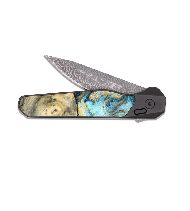 EDC Dark Damascus Wood Pocket Knife - Elton (Teal & Gold, 825183)