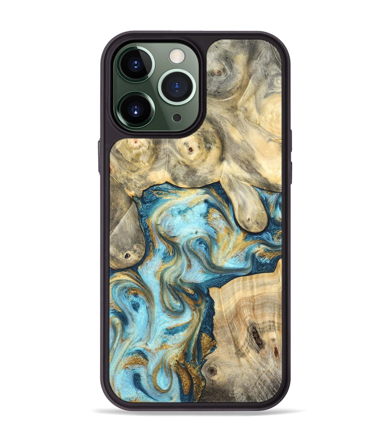 iPhone 13 Pro Max Wood Phone Case - Elton (Teal & Gold, 825183)
