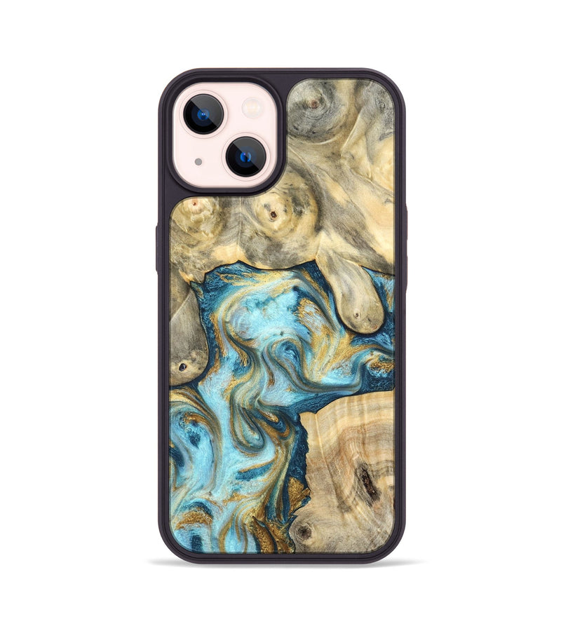 iPhone 14 Wood Phone Case - Elton (Teal & Gold, 825183)
