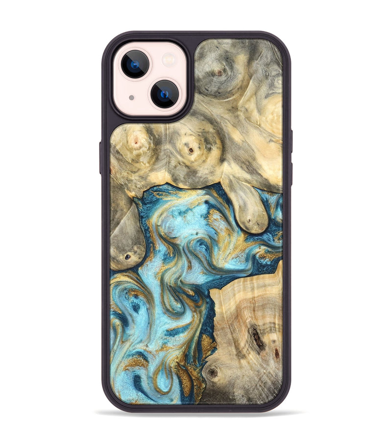 iPhone 14 Plus Wood Phone Case - Elton (Teal & Gold, 825183)