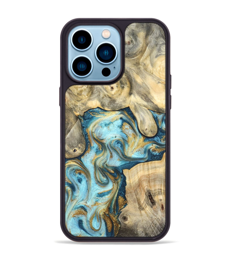 iPhone 14 Pro Max Wood Phone Case - Elton (Teal & Gold, 825183)