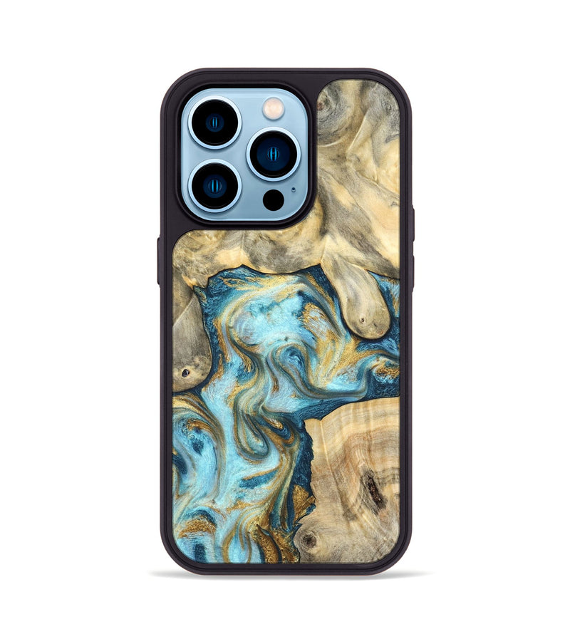 iPhone 14 Pro Wood Phone Case - Elton (Teal & Gold, 825183)
