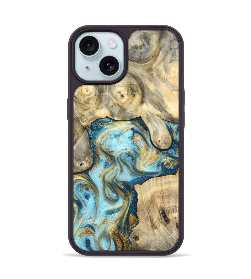 iPhone 15 Wood Phone Case - Elton (Teal & Gold, 825183)
