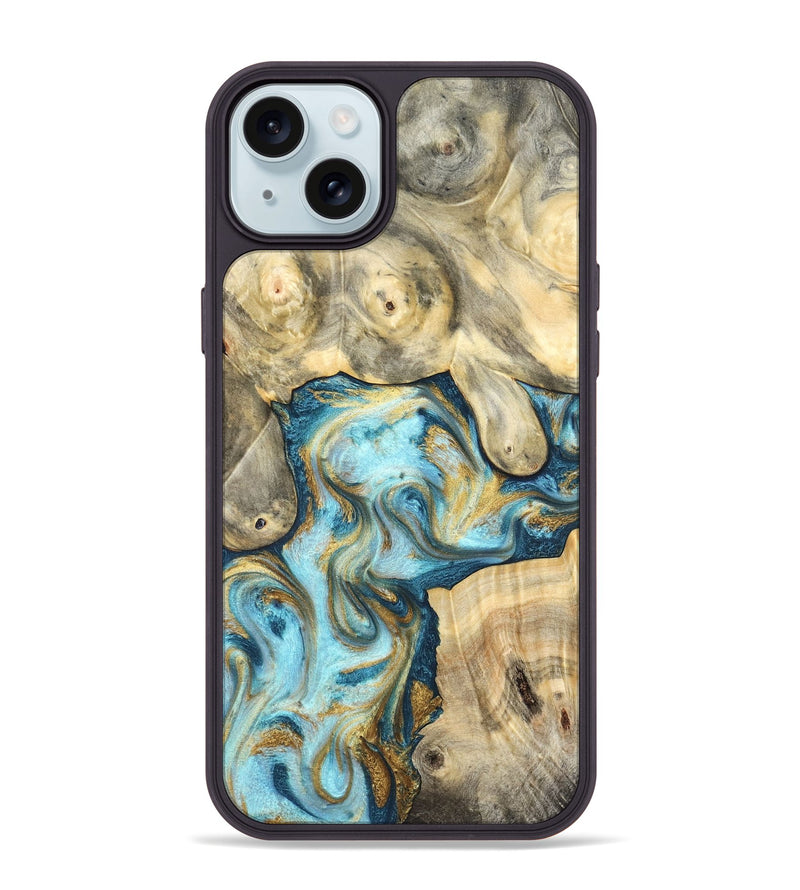 iPhone 15 Plus Wood Phone Case - Elton (Teal & Gold, 825183)