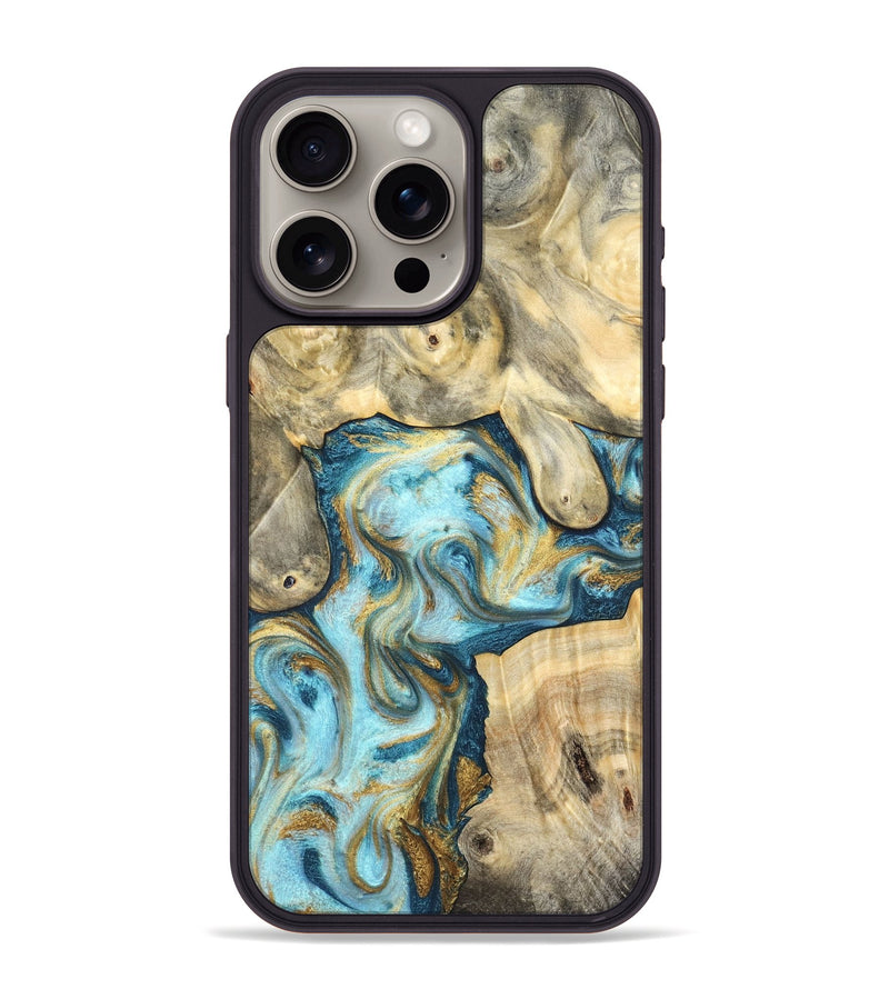 iPhone 15 Pro Max Wood Phone Case - Elton (Teal & Gold, 825183)