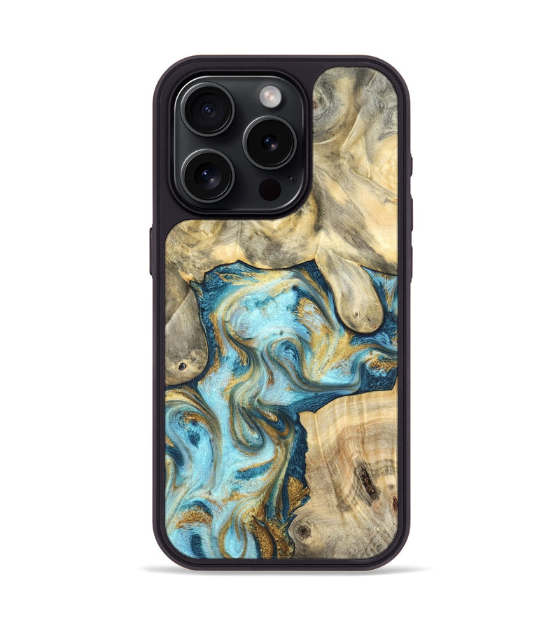 iPhone 15 Pro Wood Phone Case - Elton (Teal & Gold, 825183)