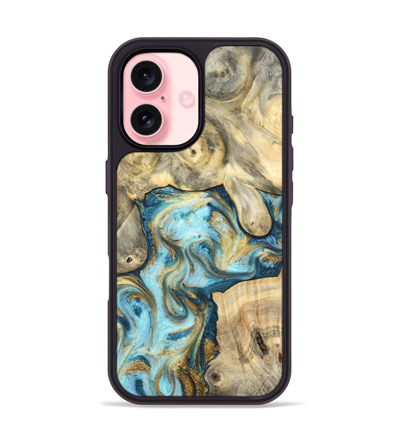 iPhone 16 Wood Phone Case - Elton (Teal & Gold, 825183)