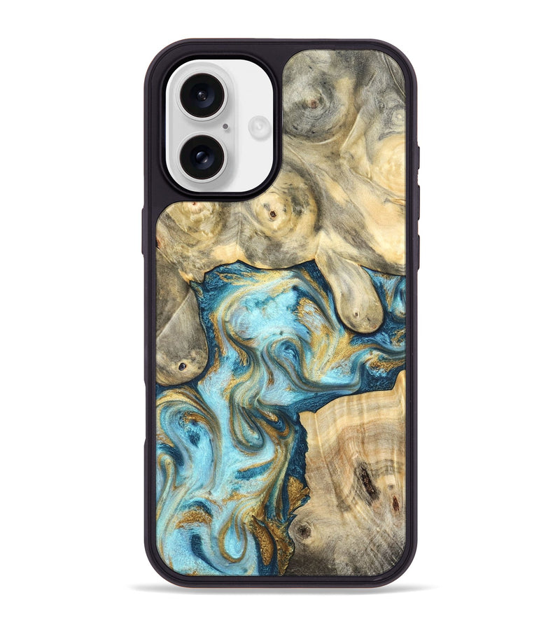 iPhone 16 Plus Wood Phone Case - Elton (Teal & Gold, 825183)
