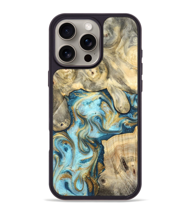 iPhone 16 Pro Max Wood Phone Case - Elton (Teal & Gold, 825183)