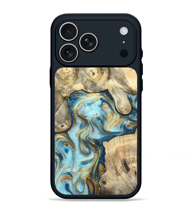 iPhone 17 Pro Max Wood Phone Case - Elton (Teal & Gold, 825183)