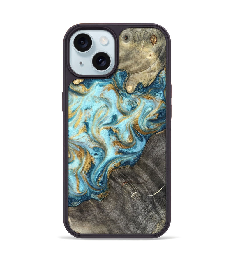 iPhone 15 Wood Phone Case - Fate (Teal & Gold, 825184)
