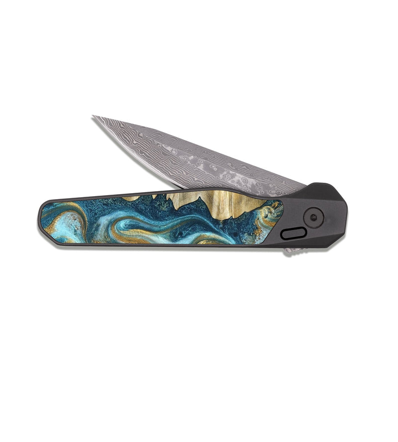 EDC Dark Damascus Wood Pocket Knife - Emilio (Teal & Gold, 825185)