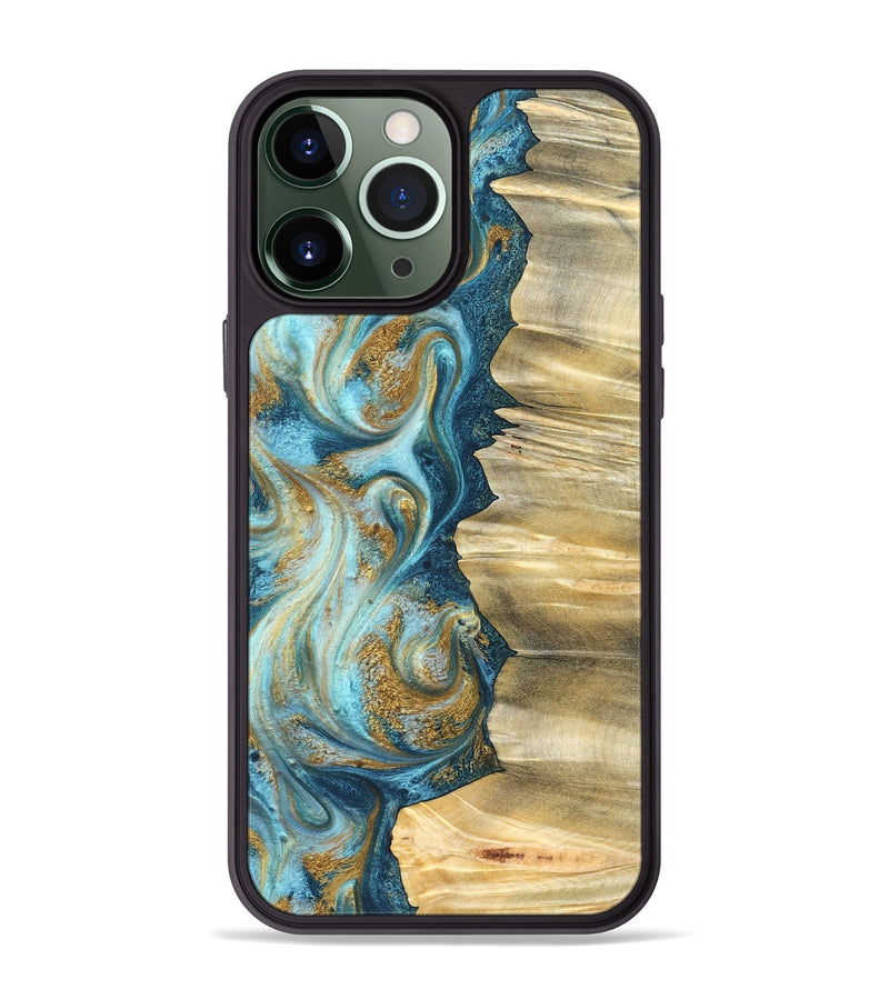 iPhone 13 Pro Max Wood Phone Case - Emilio (Teal & Gold, 825185)