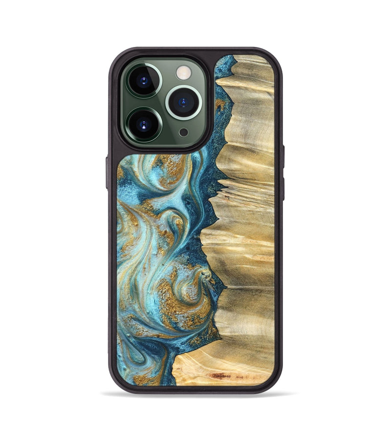 iPhone 13 Pro Wood Phone Case - Emilio (Teal & Gold, 825185)