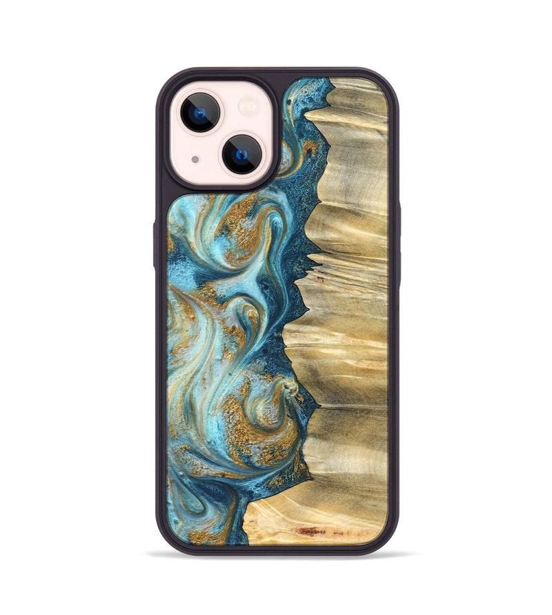 iPhone 14 Wood Phone Case - Emilio (Teal & Gold, 825185)