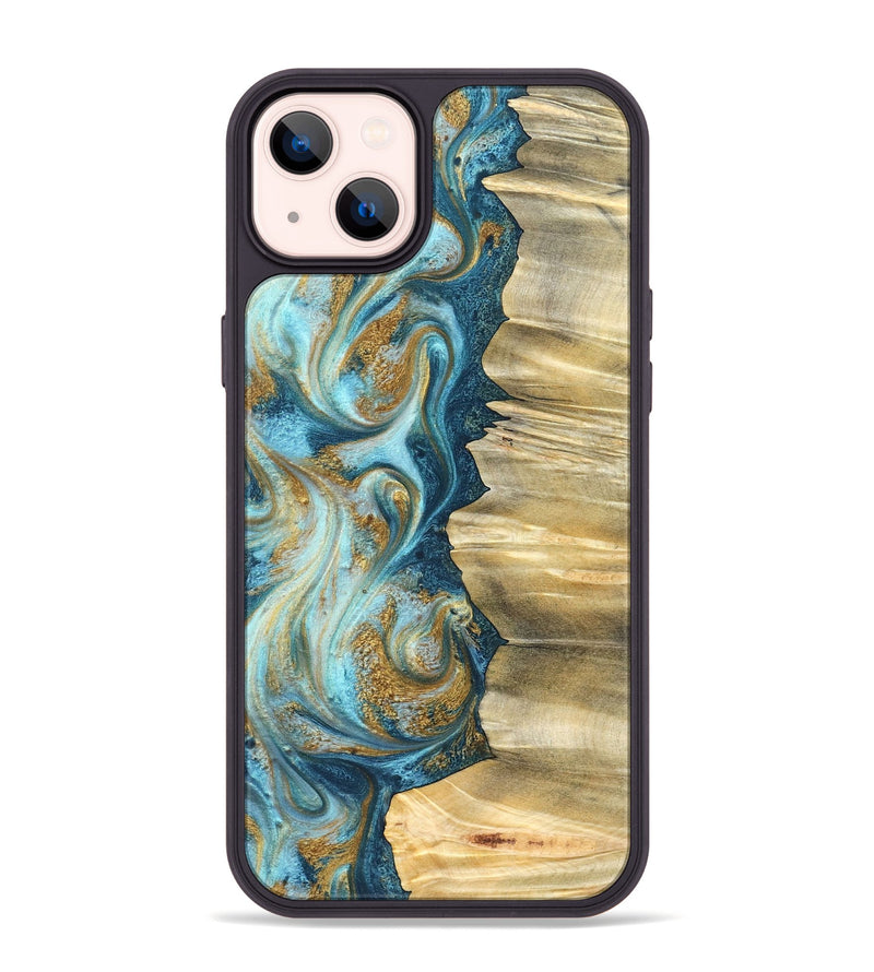 iPhone 14 Plus Wood Phone Case - Emilio (Teal & Gold, 825185)