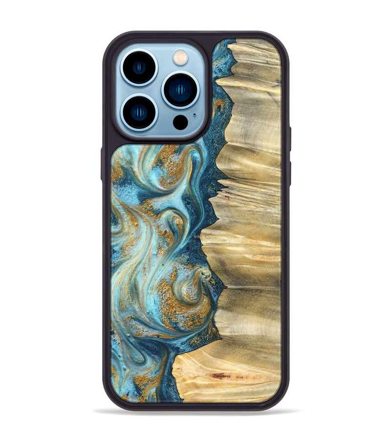 iPhone 14 Pro Max Wood Phone Case - Emilio (Teal & Gold, 825185)
