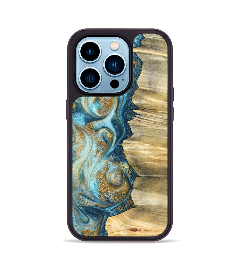 iPhone 14 Pro Wood Phone Case - Emilio (Teal & Gold, 825185)