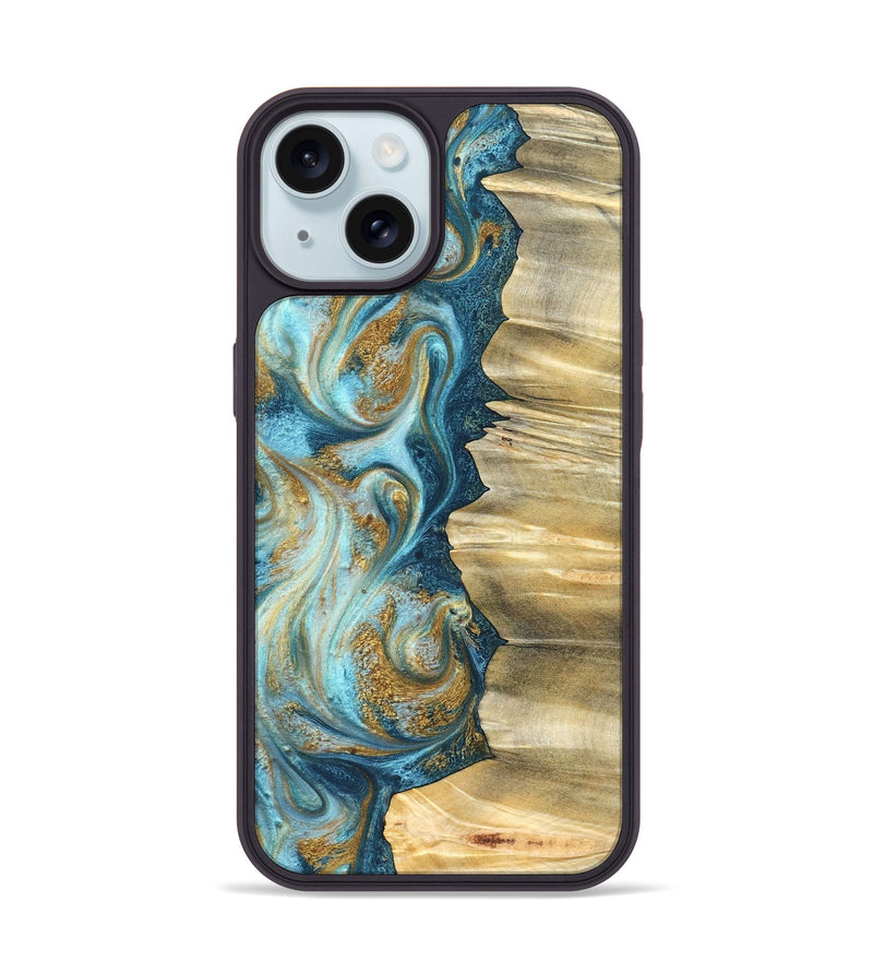 iPhone 15 Wood Phone Case - Emilio (Teal & Gold, 825185)