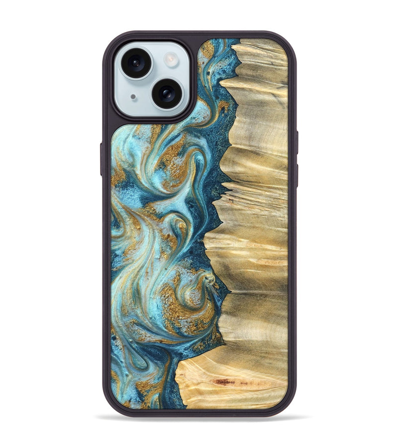 iPhone 15 Plus Wood Phone Case - Emilio (Teal & Gold, 825185)
