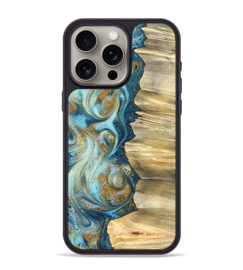 iPhone 15 Pro Max Wood Phone Case - Emilio (Teal & Gold, 825185)