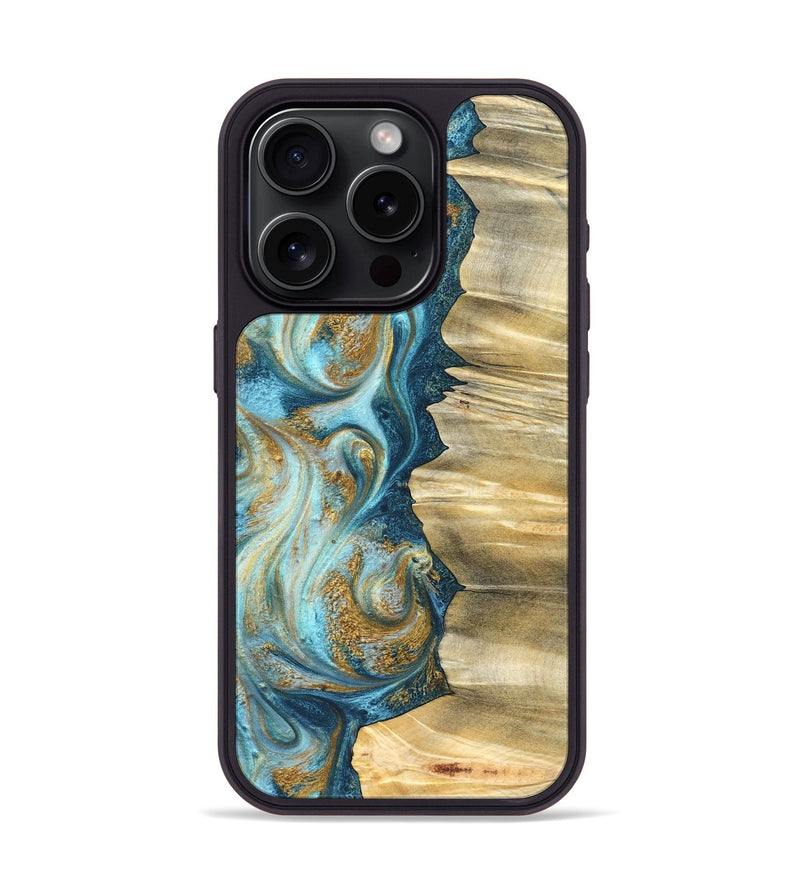iPhone 15 Pro Wood Phone Case - Emilio (Teal & Gold, 825185)