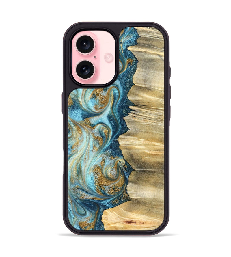 iPhone 16 Wood Phone Case - Emilio (Teal & Gold, 825185)