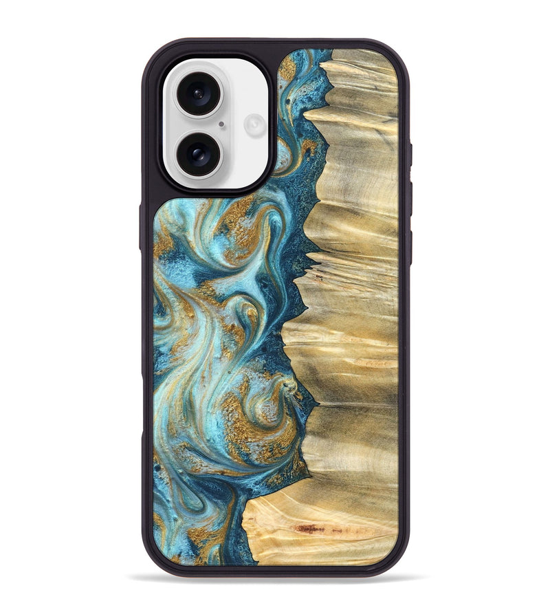 iPhone 16 Plus Wood Phone Case - Emilio (Teal & Gold, 825185)