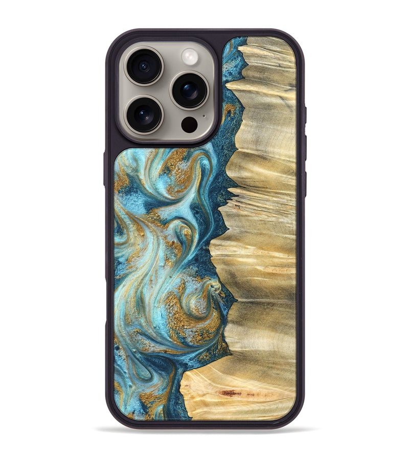 iPhone 16 Pro Max Wood Phone Case - Emilio (Teal & Gold, 825185)