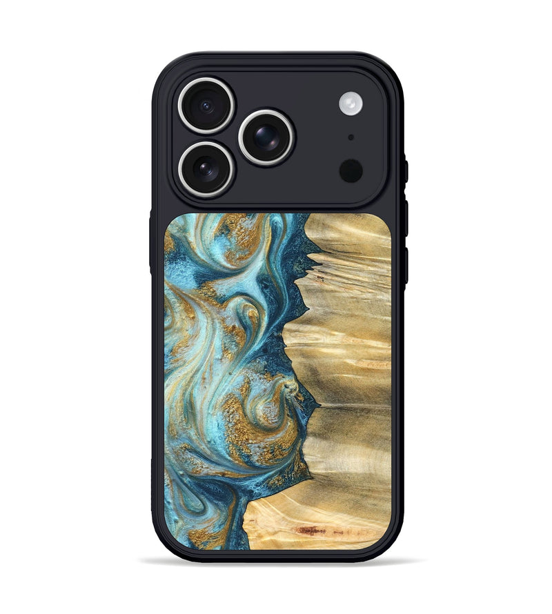 iPhone 17 Pro Wood Phone Case - Emilio (Teal & Gold, 825185)