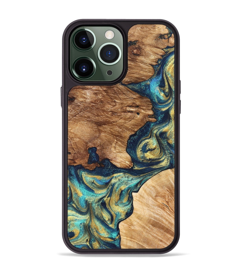 iPhone 13 Pro Max Wood Phone Case - Taya (Teal & Gold, 826095)