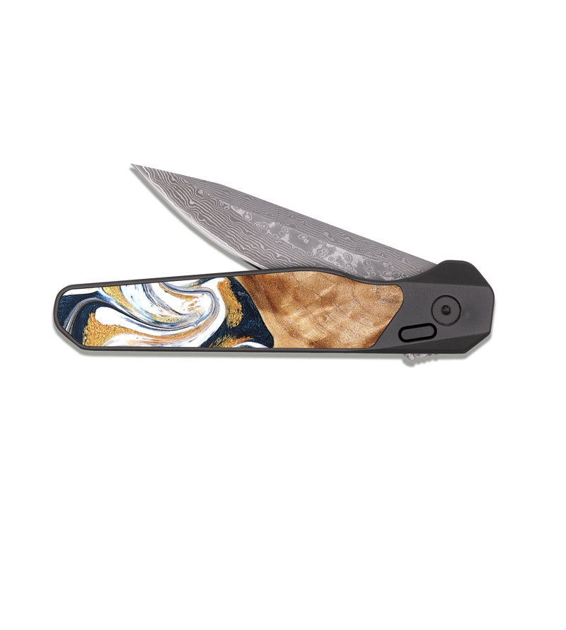 EDC Dark Damascus Wood Pocket Knife - Jasiel (Teal & Gold, 826486)
