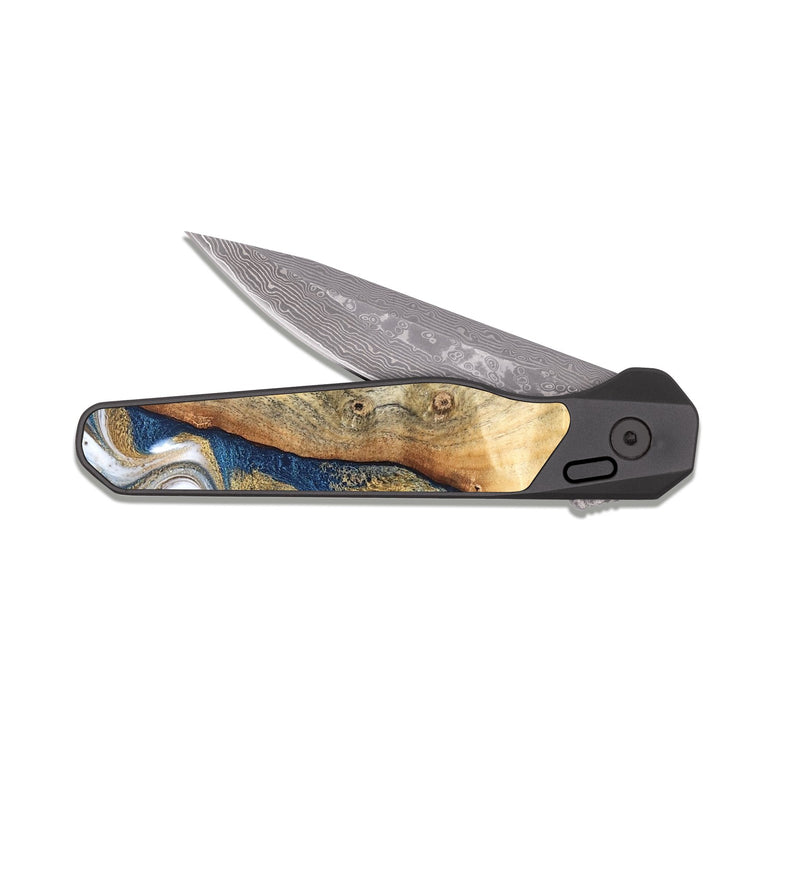 EDC Dark Damascus Wood Pocket Knife - Deven (Teal & Gold, 826489)