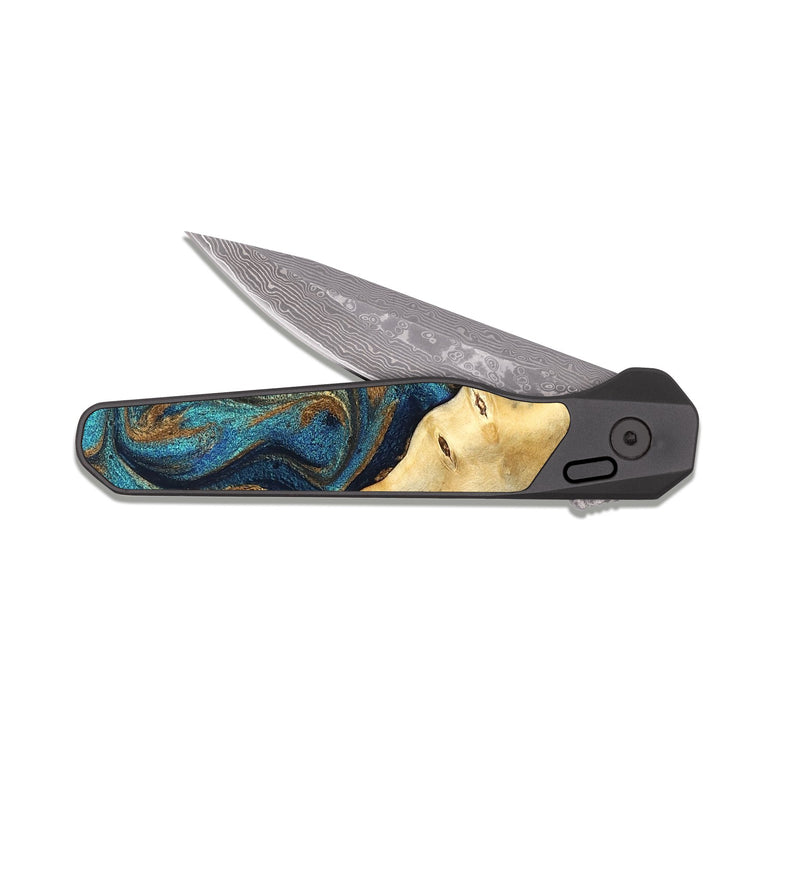 EDC Dark Damascus Wood Pocket Knife - Hedwig (Teal & Gold, 826490)