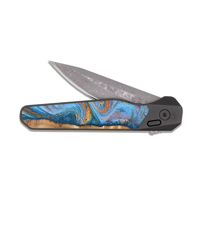 EDC Dark Damascus Wood Pocket Knife - Mikalah (Teal & Gold, 826495)