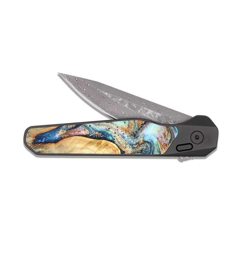 EDC Dark Damascus Wood Pocket Knife - Oswaldo (Teal & Gold, 826496)