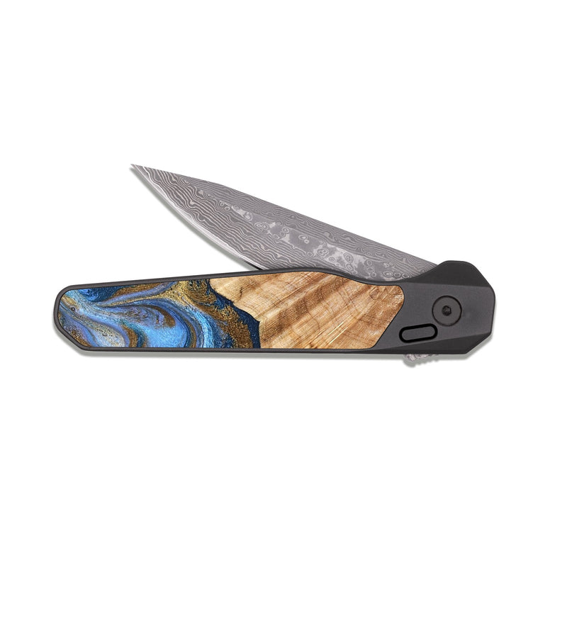 EDC Dark Damascus Wood Pocket Knife - Ermias (Teal & Gold, 826497)