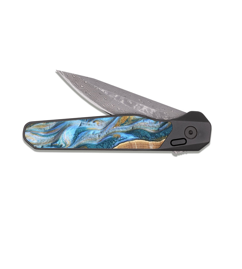 EDC Dark Damascus Wood Pocket Knife - Lucero (Teal & Gold, 826500)